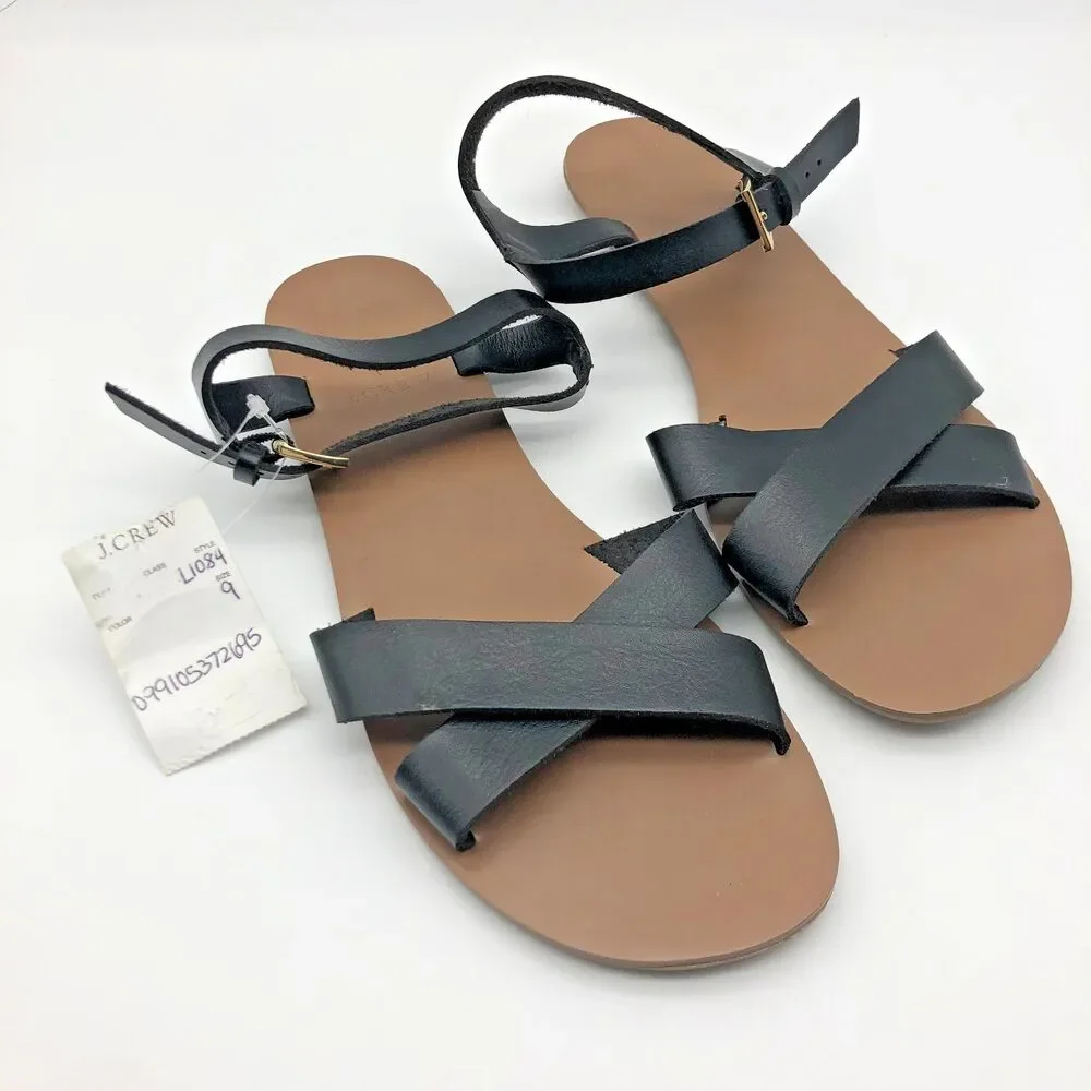 J Crew Sandals Size 9 Black Faux Leather Cross Strap Buckle Close Flat NEW